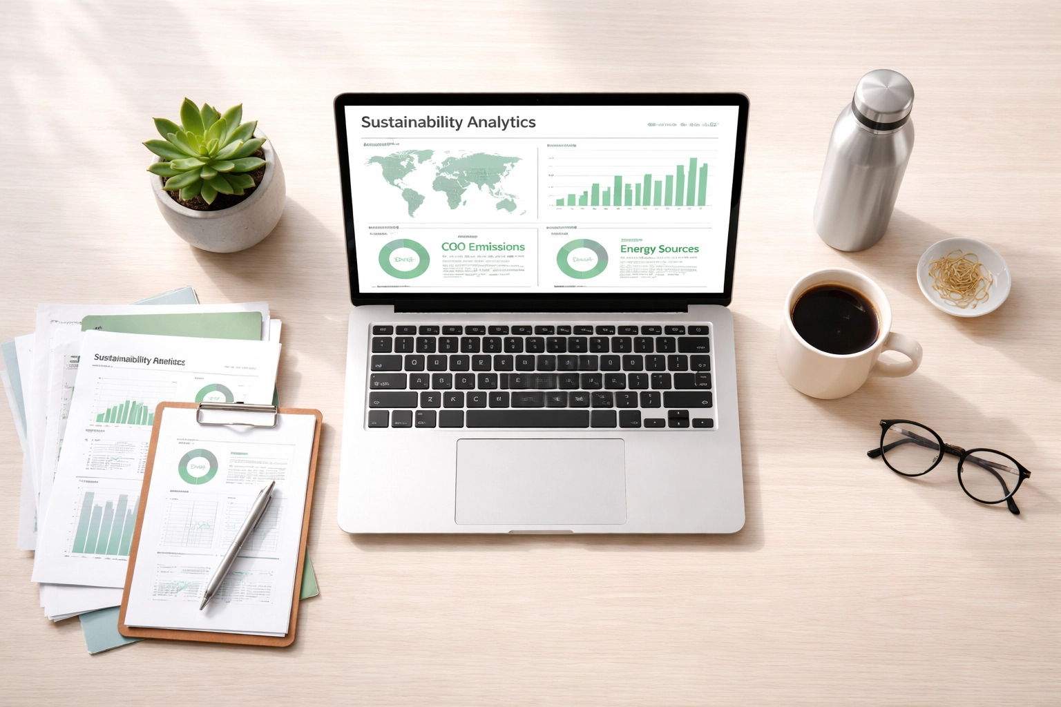 Overhead office desk with laptop showing sustainability analytics for actionable green business decision-making.