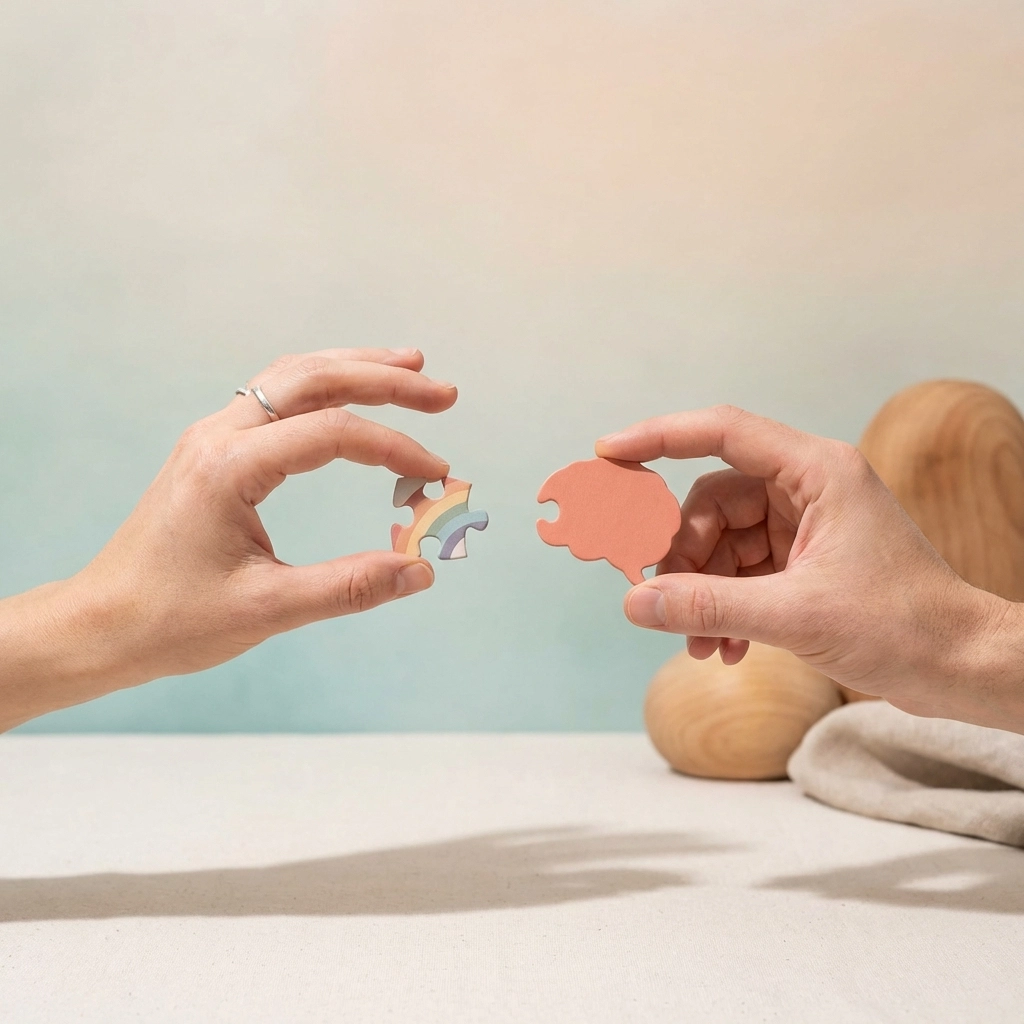 A peaceful, calming scene illustrating the relief and self-compassion that comes with understanding one's own neurodivergence.