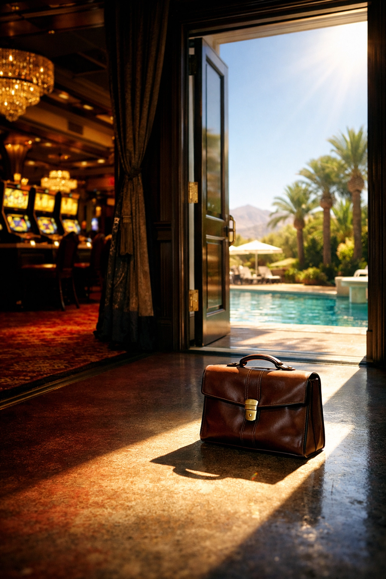 A professional briefcase at the threshold of a dark Las Vegas casino and bright natural sunlight.