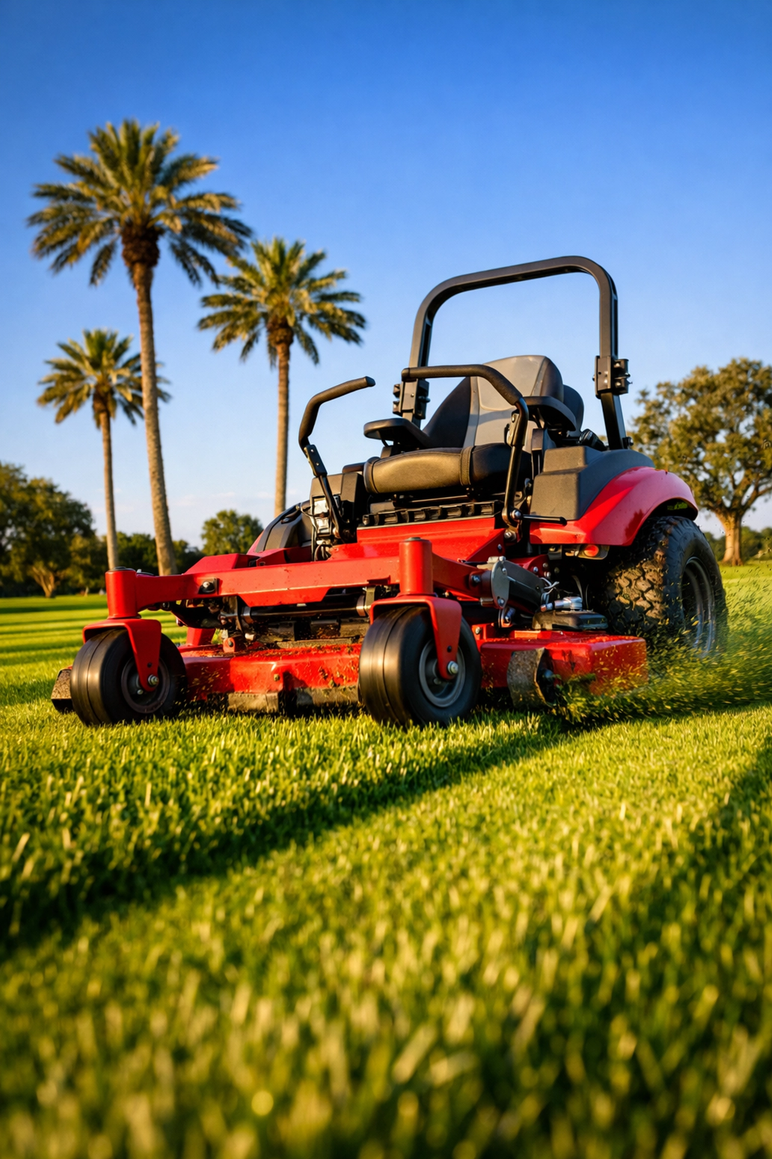 Red Gravely zero-turn mower cutting professional stripes on a lush lawn in North Central Florida.