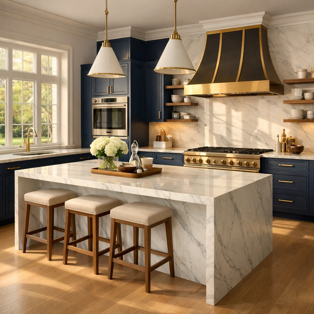 Spotless Chestnut Hill estate kitchen with marble island after a luxury house cleaning service.