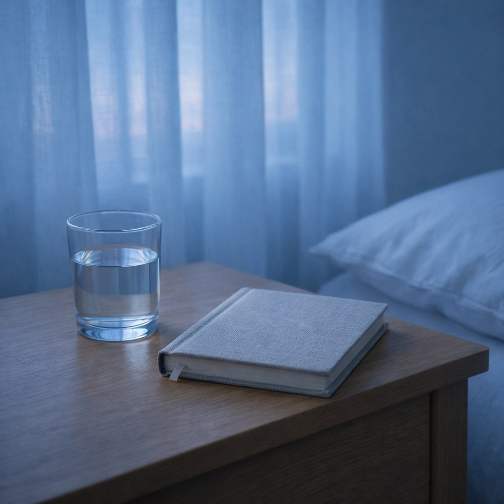 Serene bedroom with a journal representing healthy habits and a buffer against chronic stress.