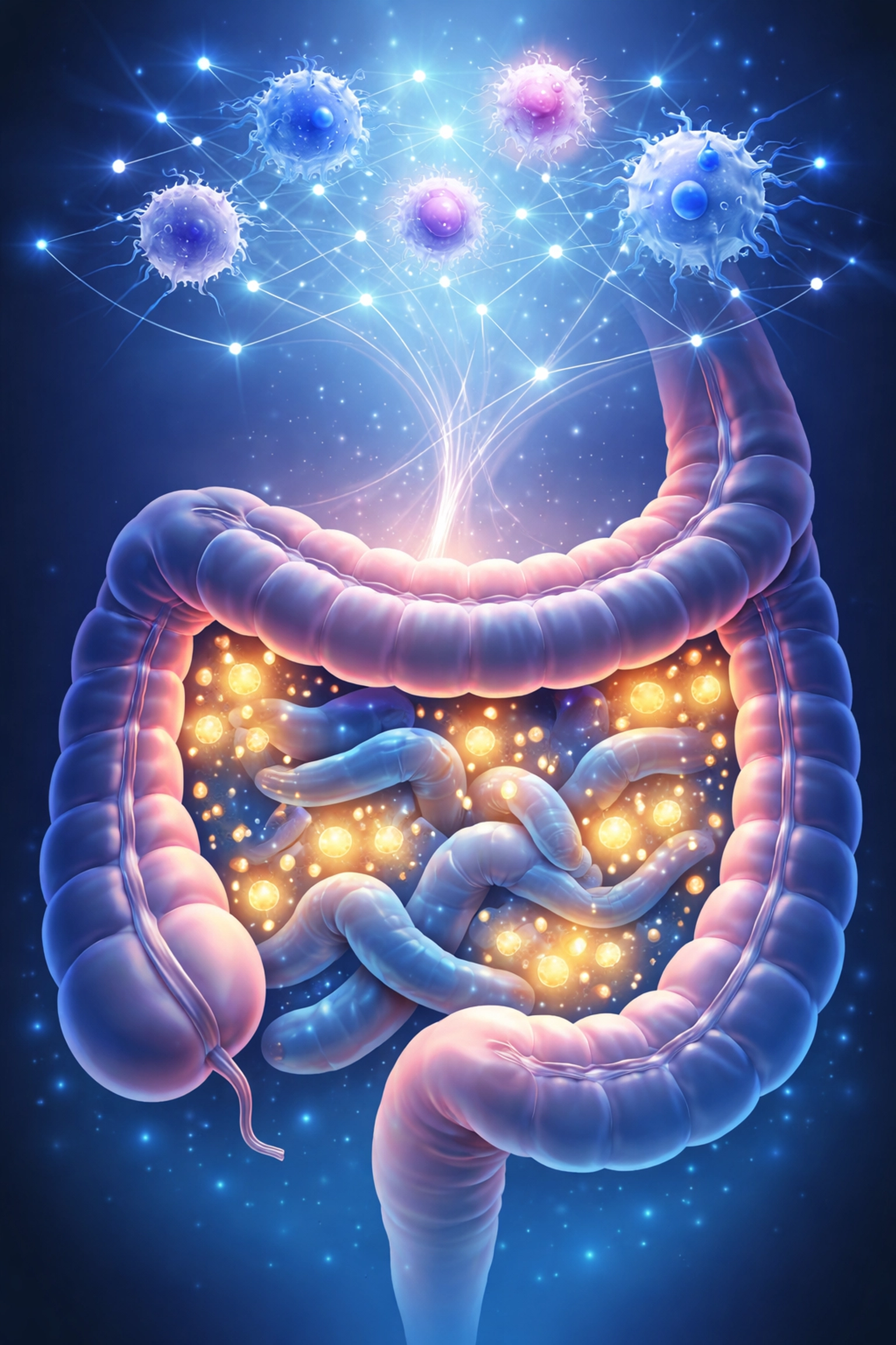 Cross-section of human gut with beneficial bacteria, showing gut health's link to strong immune defense