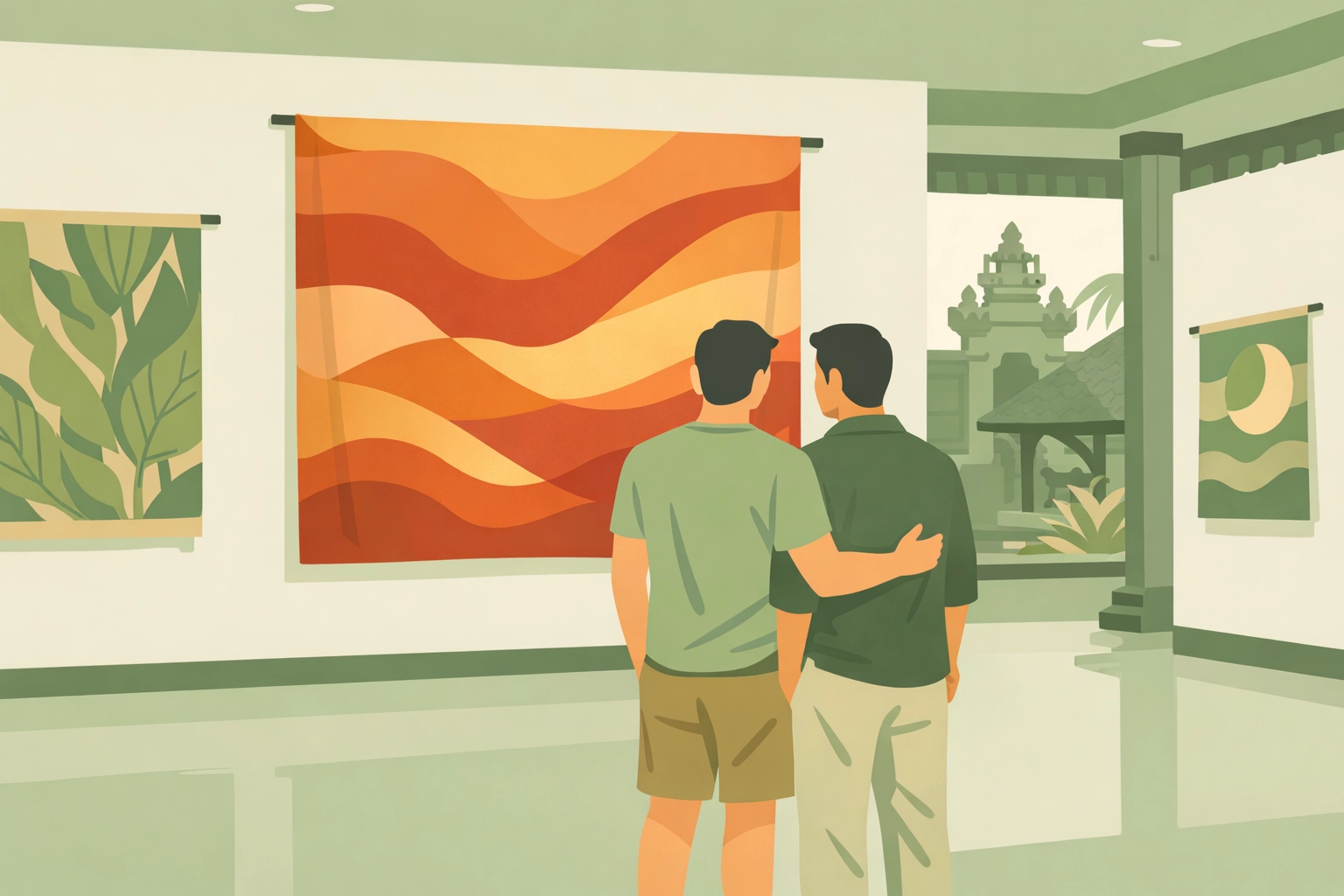 Two men viewing textile art in Balinese gallery representing LGBTQ+ visibility through creativity