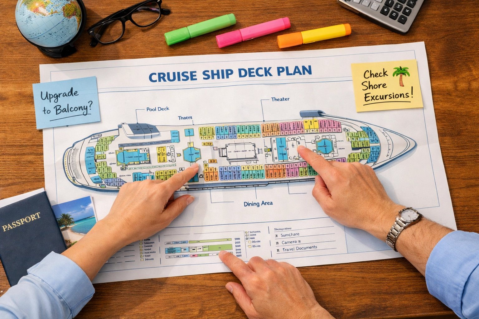 Travel agent helping clients choose the best cruise cabin location on deck plan