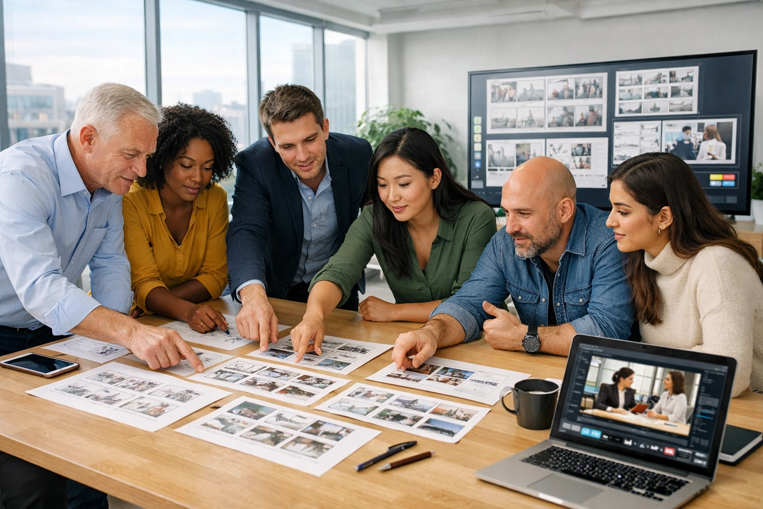 Expert business consultants planning sports media strategy and logistics for Super Bowl LX.