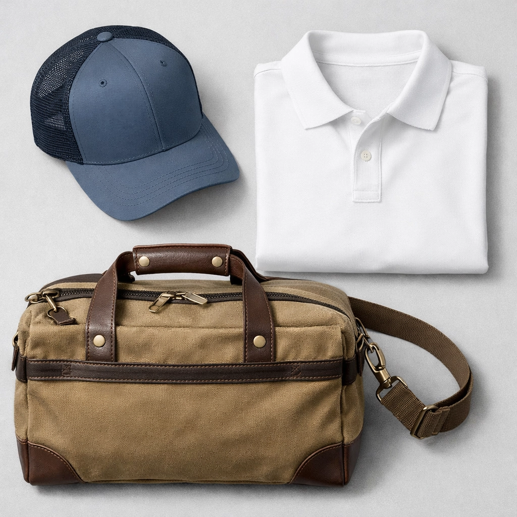Custom embroidered gear including a trucker hat, polo shirt, and canvas bag for business branding.