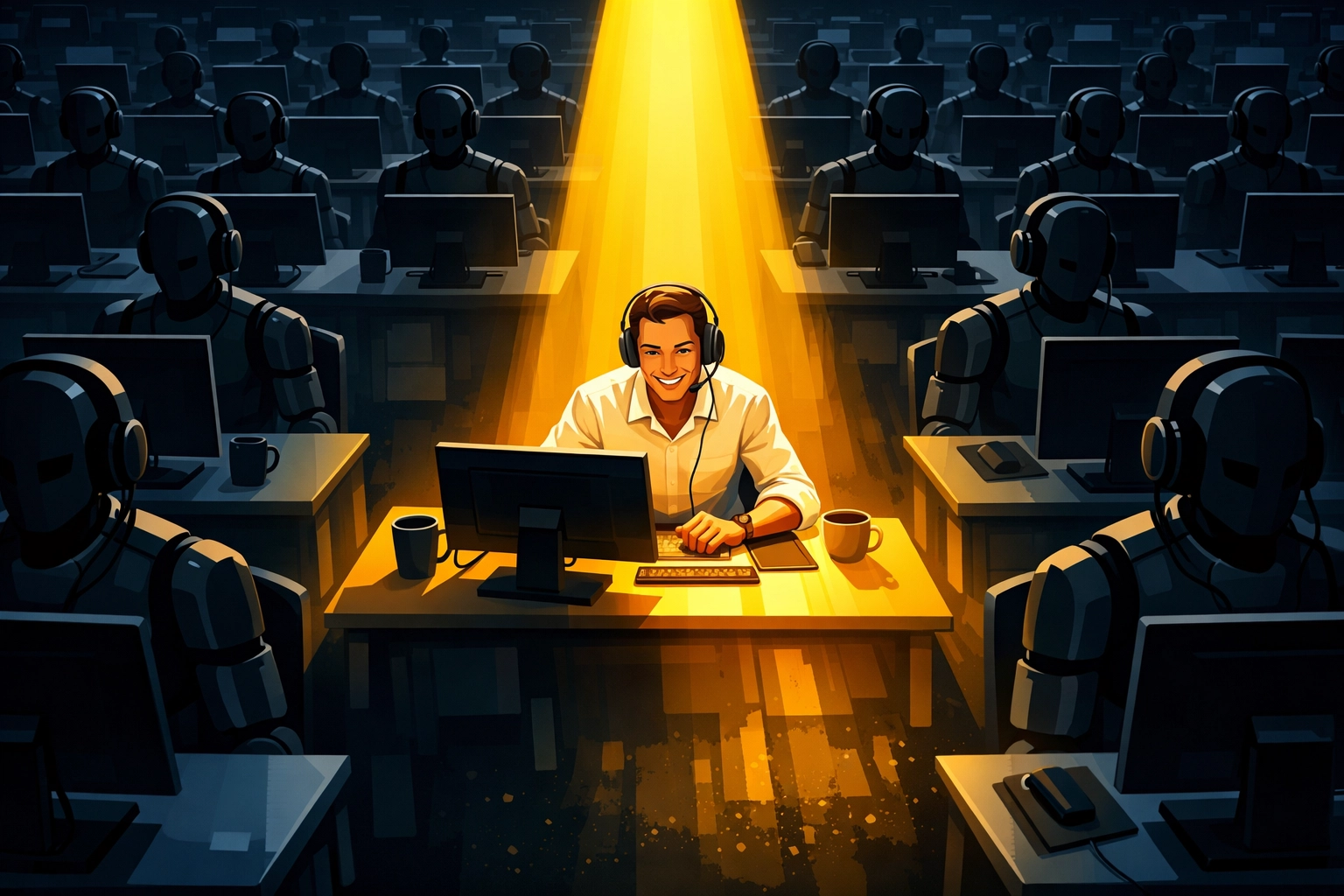 A human specialist providing genuine connection amidst rows of robotic real estate lead bots.