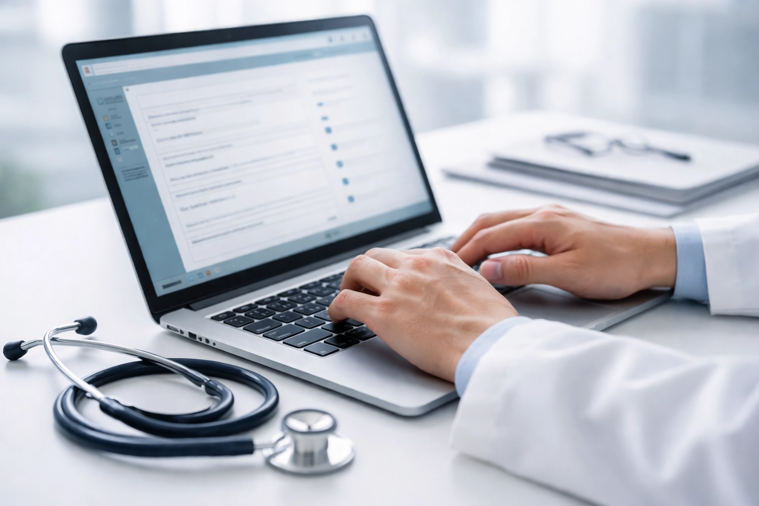 Hands typing on a laptop with a stethoscope nearby, illustrating electronic health record documentation for Medicare compliance.