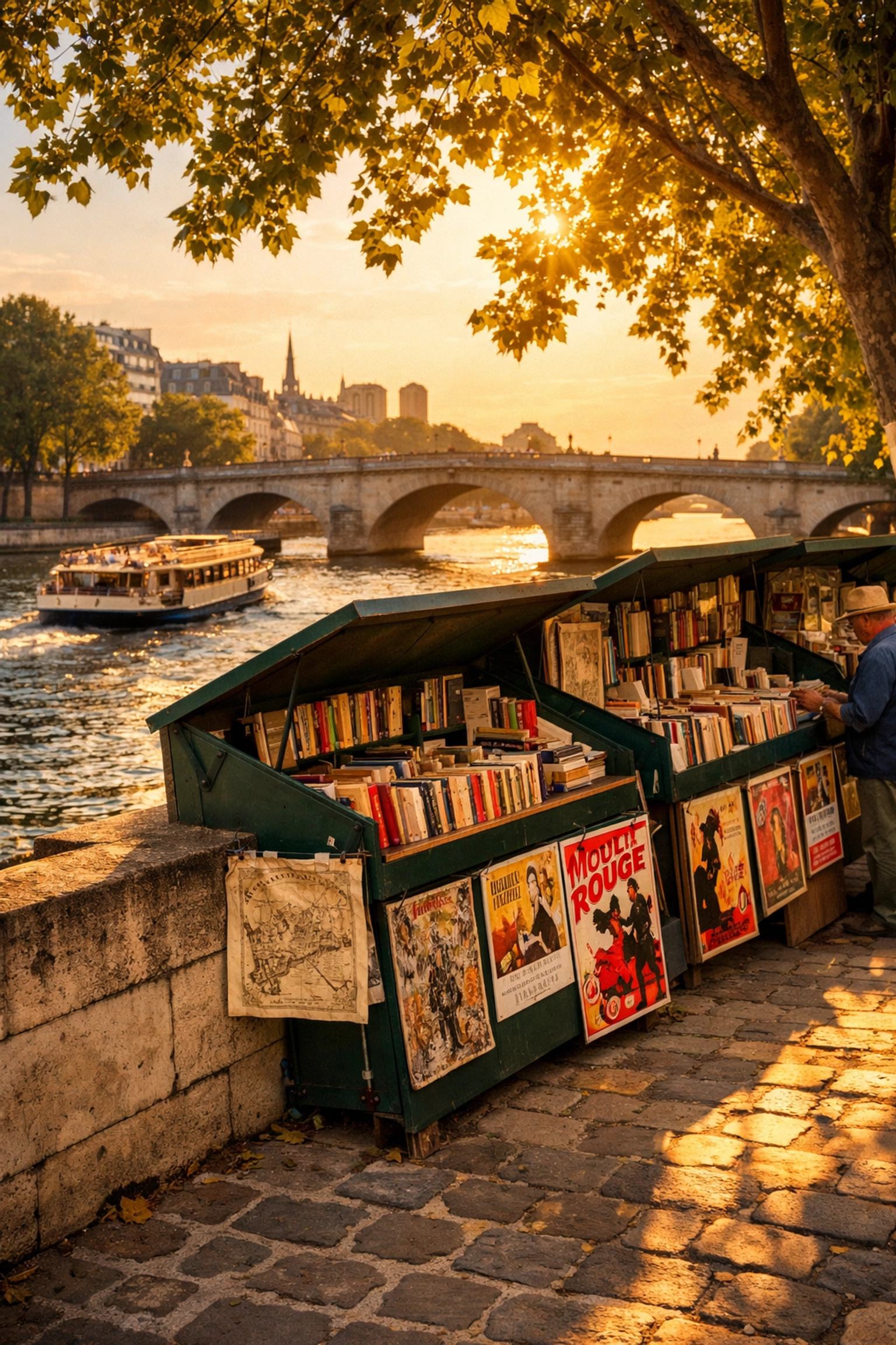 Iconic green bouquiniste book stalls along the Banks of the Seine in Paris during golden hour.