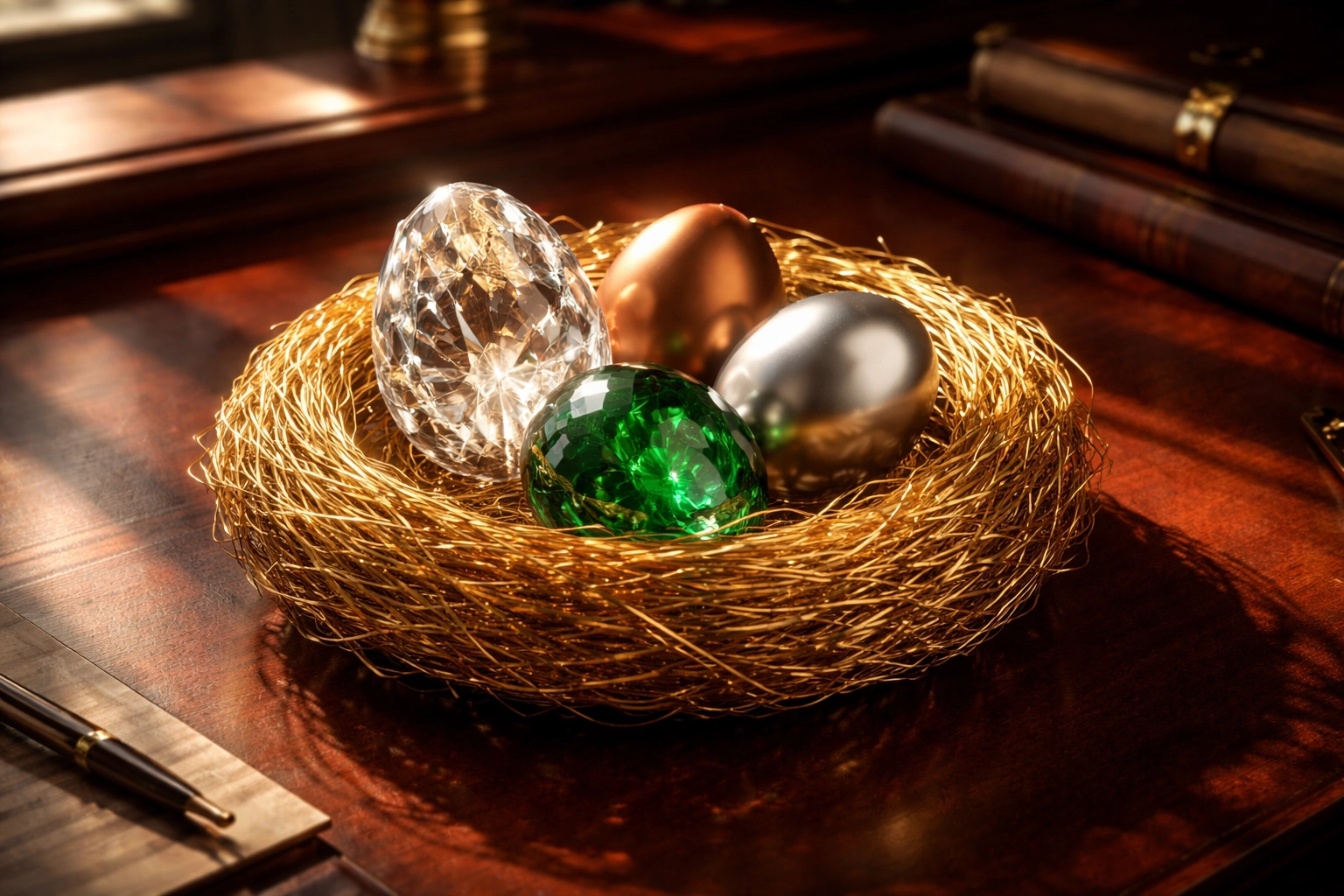 A golden nest with diverse eggs symbolizes asset allocation and portfolio diversification across investment classes.