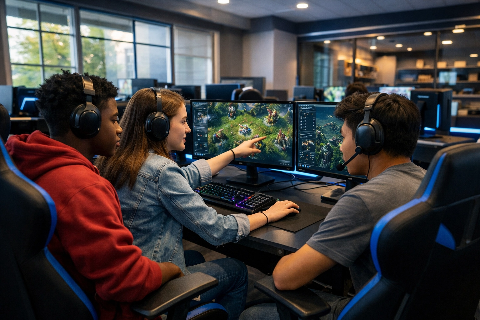 High school students collaborating in a modern esports lab with high-tech gaming stations and educational pods.