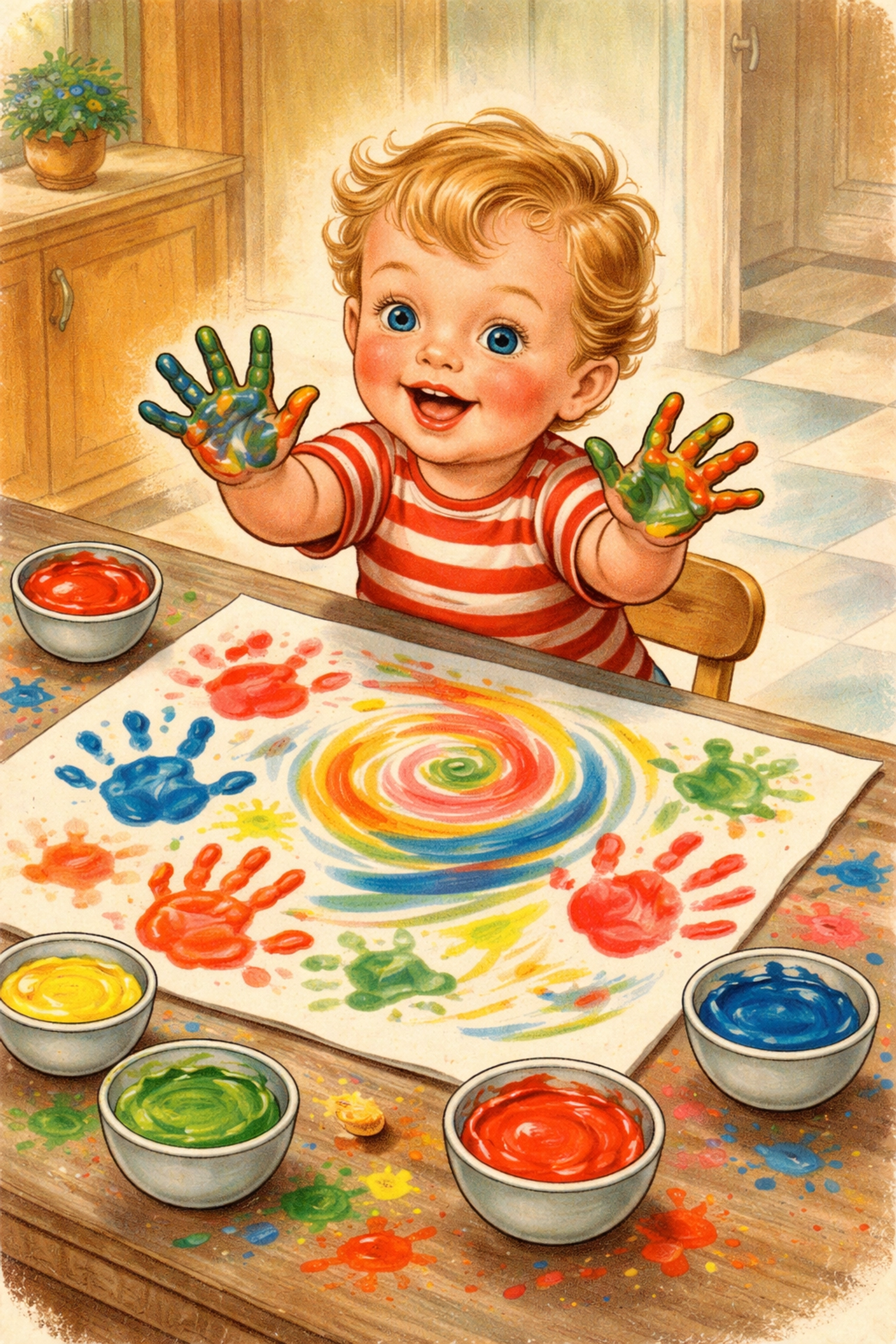 Toddler with painted hands creating colorful handprints and swirls on paper using homemade edible finger paint.