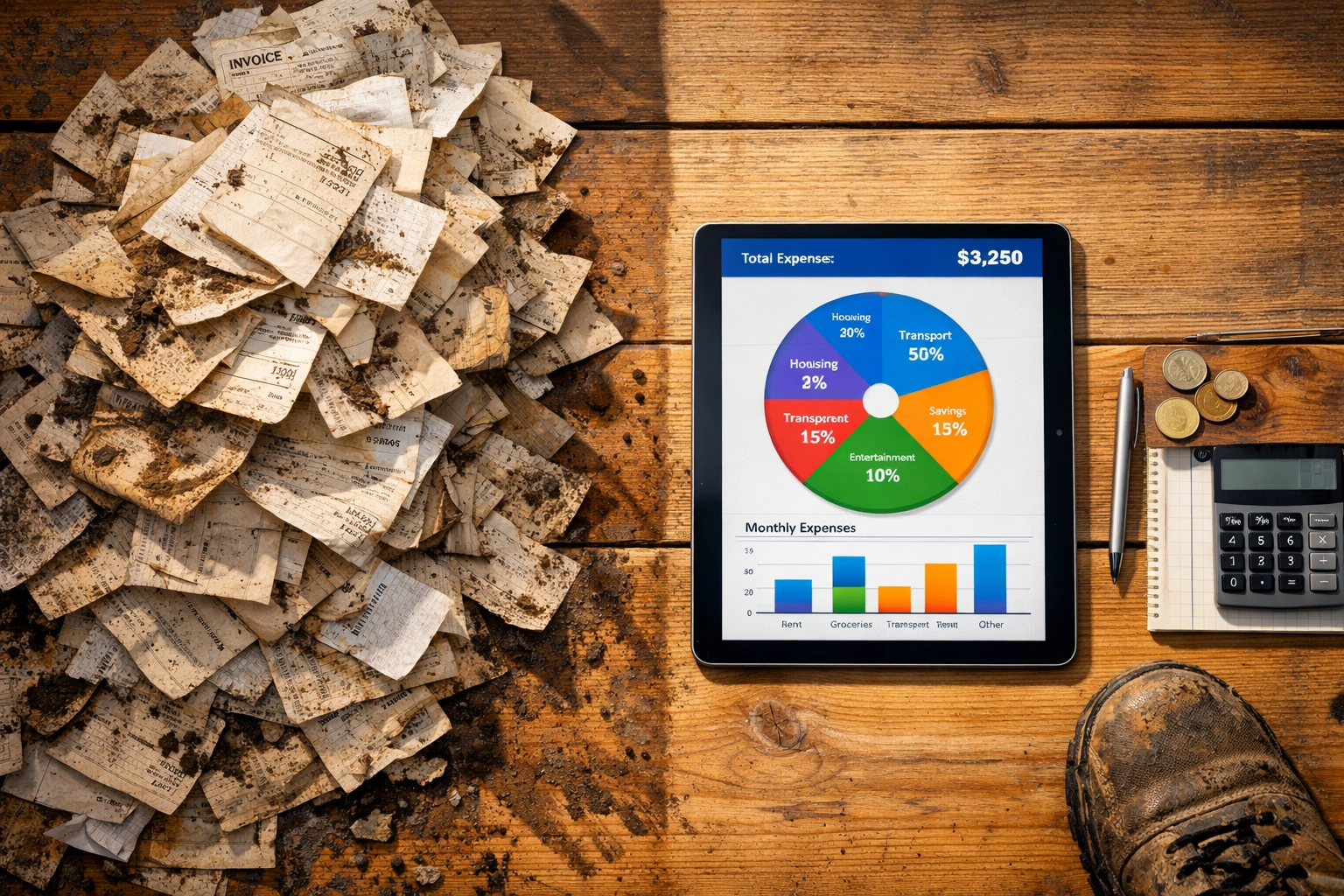 Transitioning from a pile of messy receipts to organized digital expense tracking on a tablet.