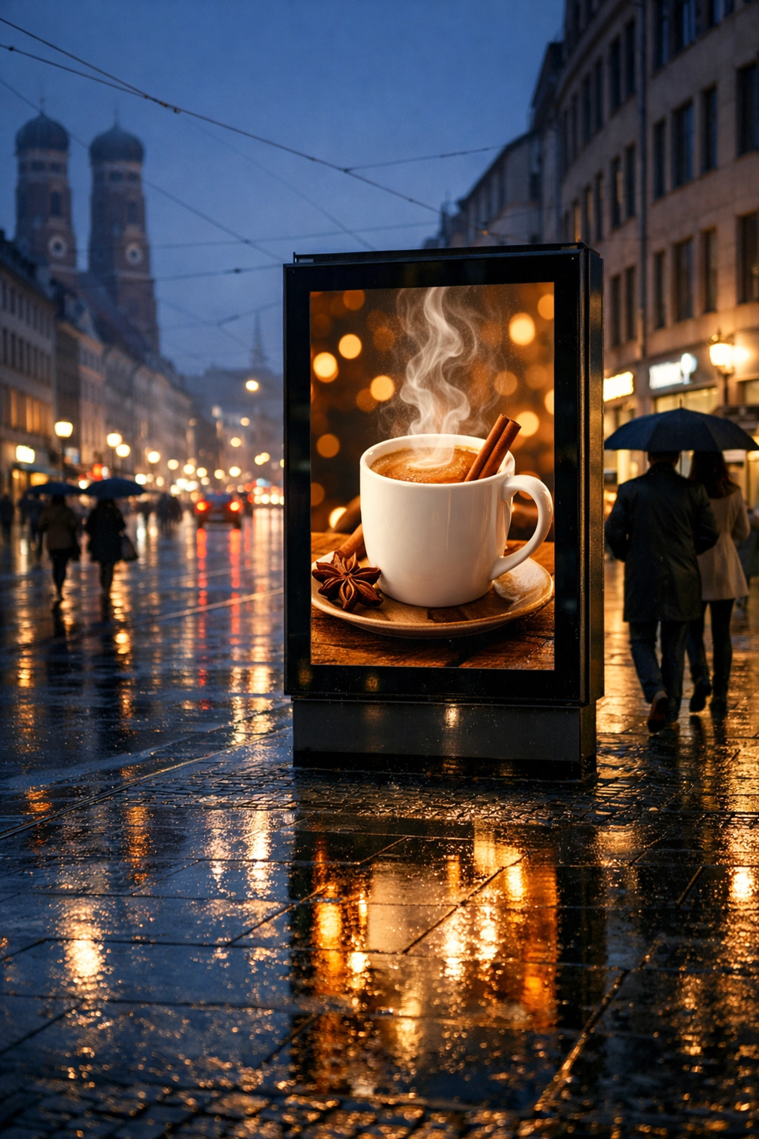 Digital billboard in Munich showing a weather-responsive beverage ad on a rainy city street.
