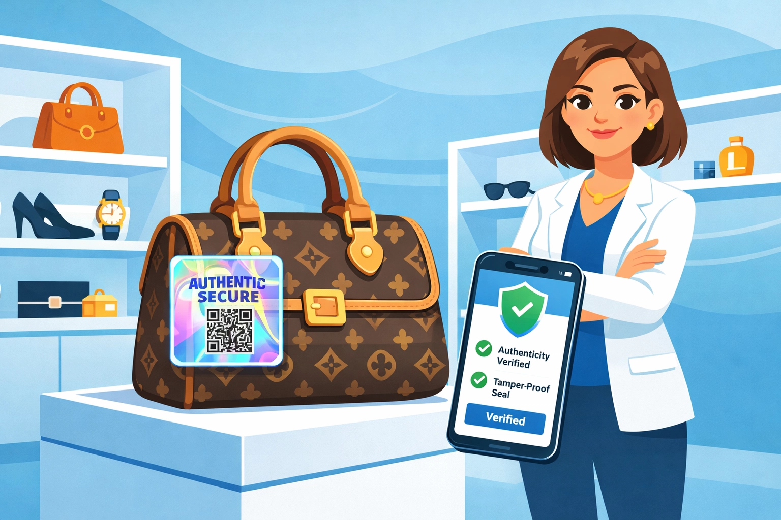 Designer handbag with AP Seal and smartphone showing authentication verification in luxury resale shop