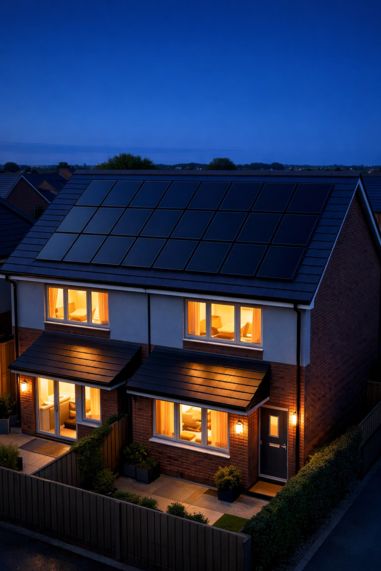 High-quality black solar panel array on a British semi-detached home roof.