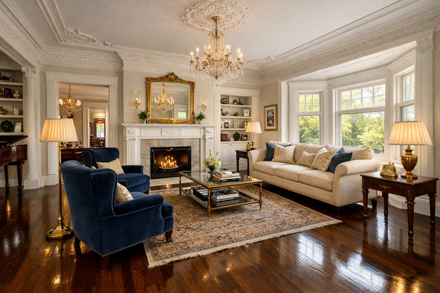 Luxury House Cleaning Winchester MA results in a spotless Victorian living room with polished hardwood floors.