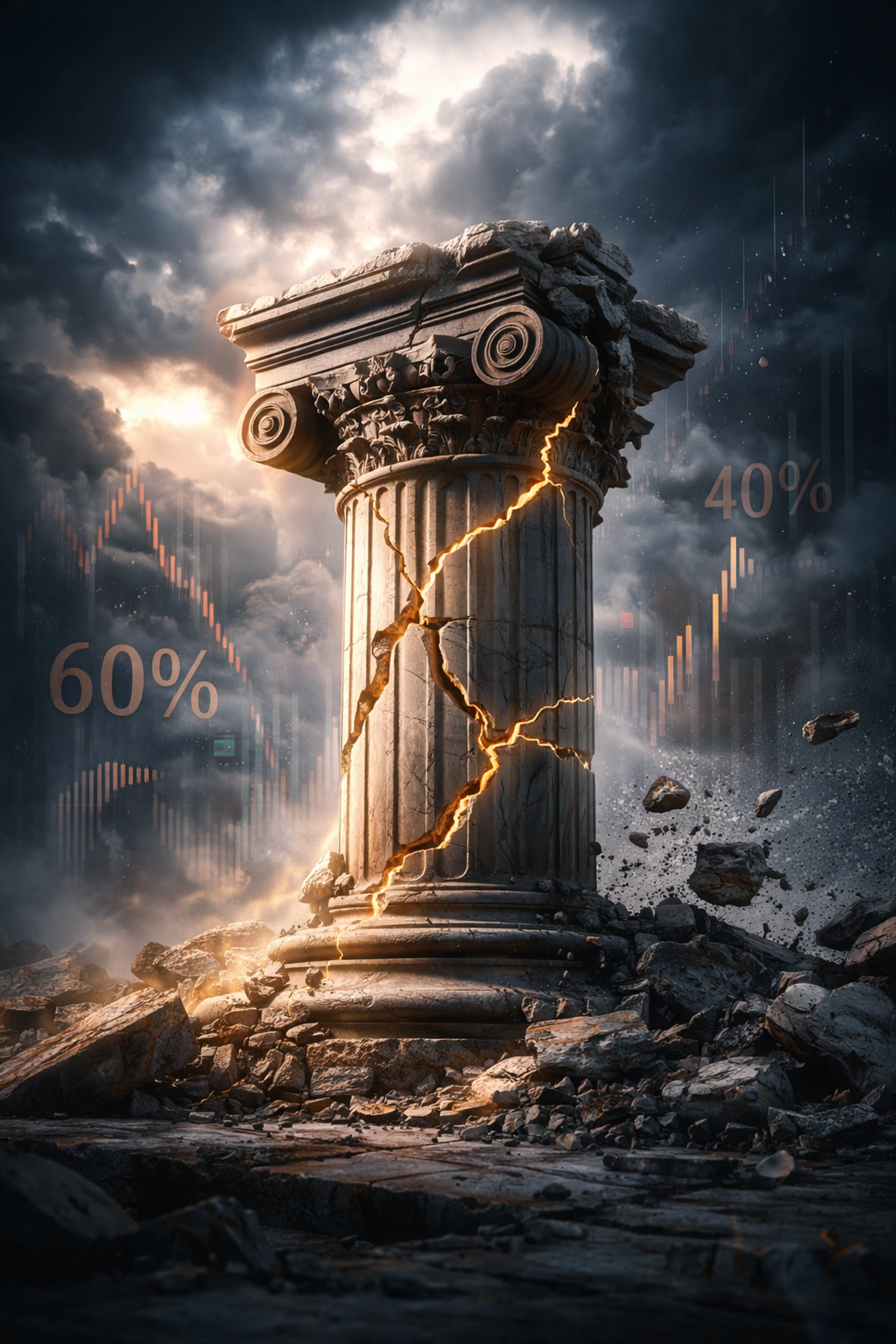 Illustration of a crumbling Greek column symbolizing the decline of the traditional 60/40 portfolio model under modern financial stress.