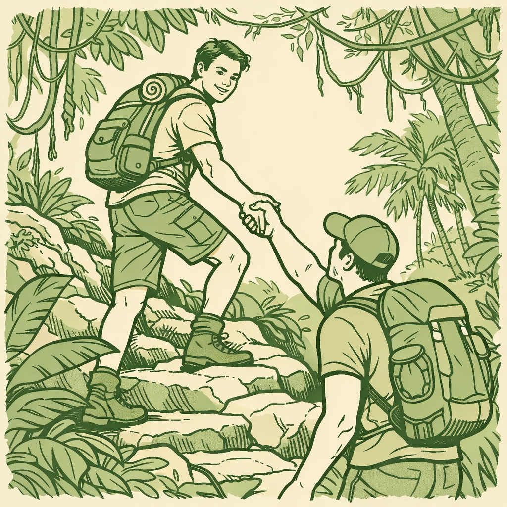 Two men hiking jungle trail together showing partnership and queer adventure
