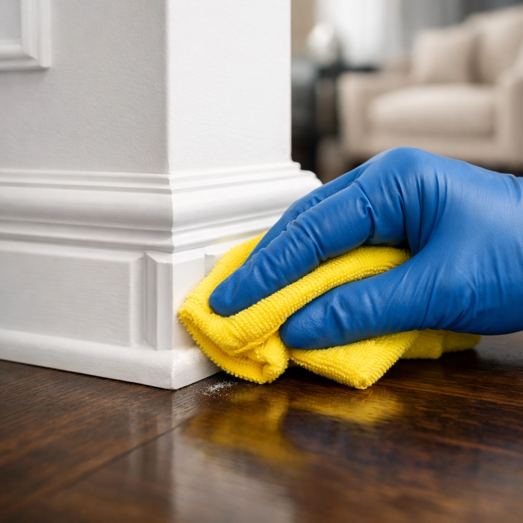 Close-up of hand-wiping white baseboards during a professional deep cleaning Lincoln and Carlisle session.