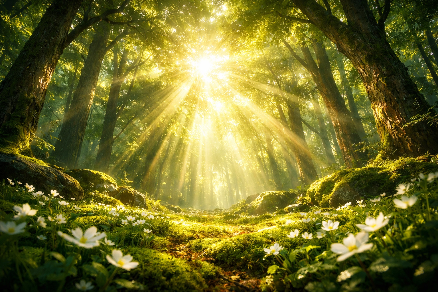 Peaceful forest clearing with sunlight through trees, representing soul restoration and God's presence.