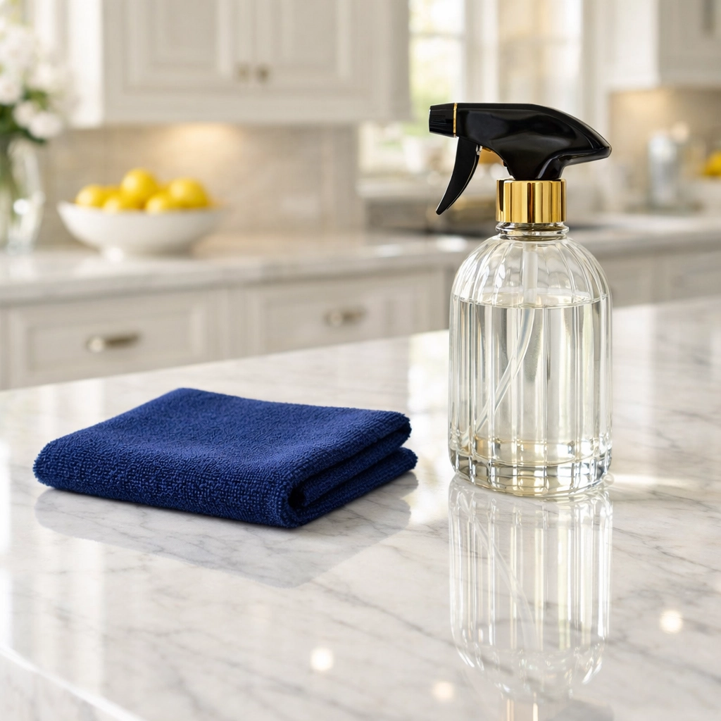 Professional Hamilton estate cleaning using a microfiber cloth on a pristine white marble kitchen island.
