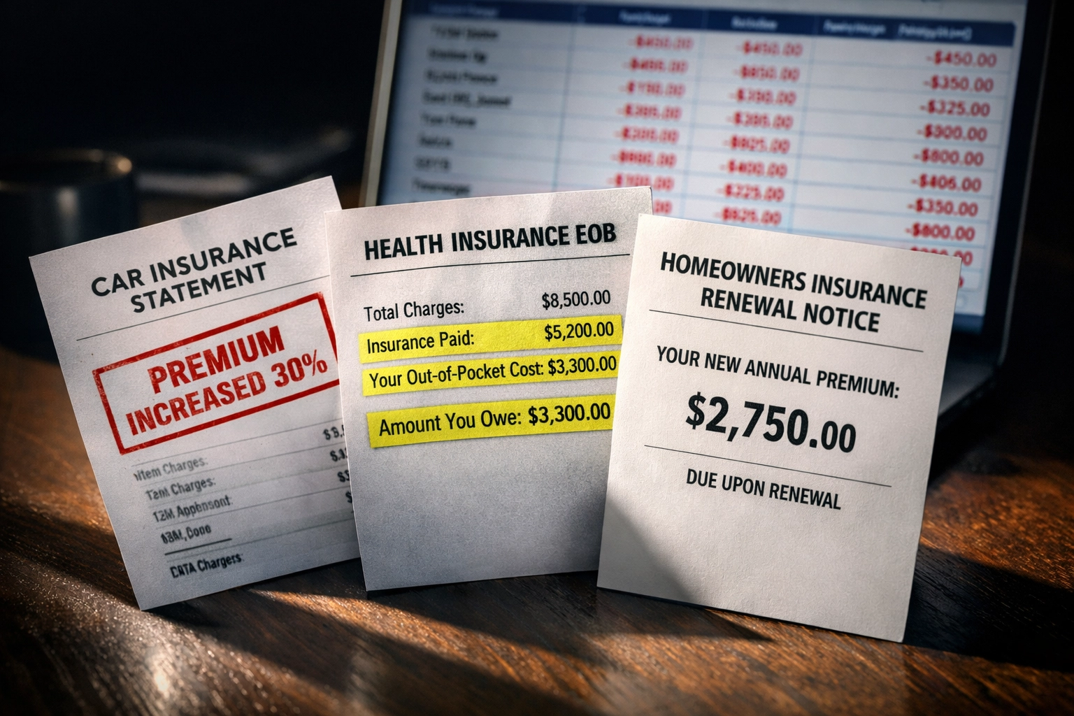 Rising insurance premiums showing 30% increase in car, health, and homeowners insurance costs