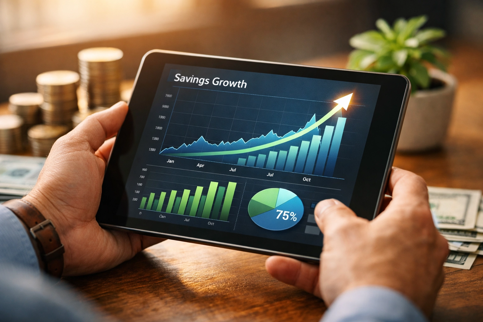 Small business owner reviewing cryptocurrency payment savings and cost reduction charts