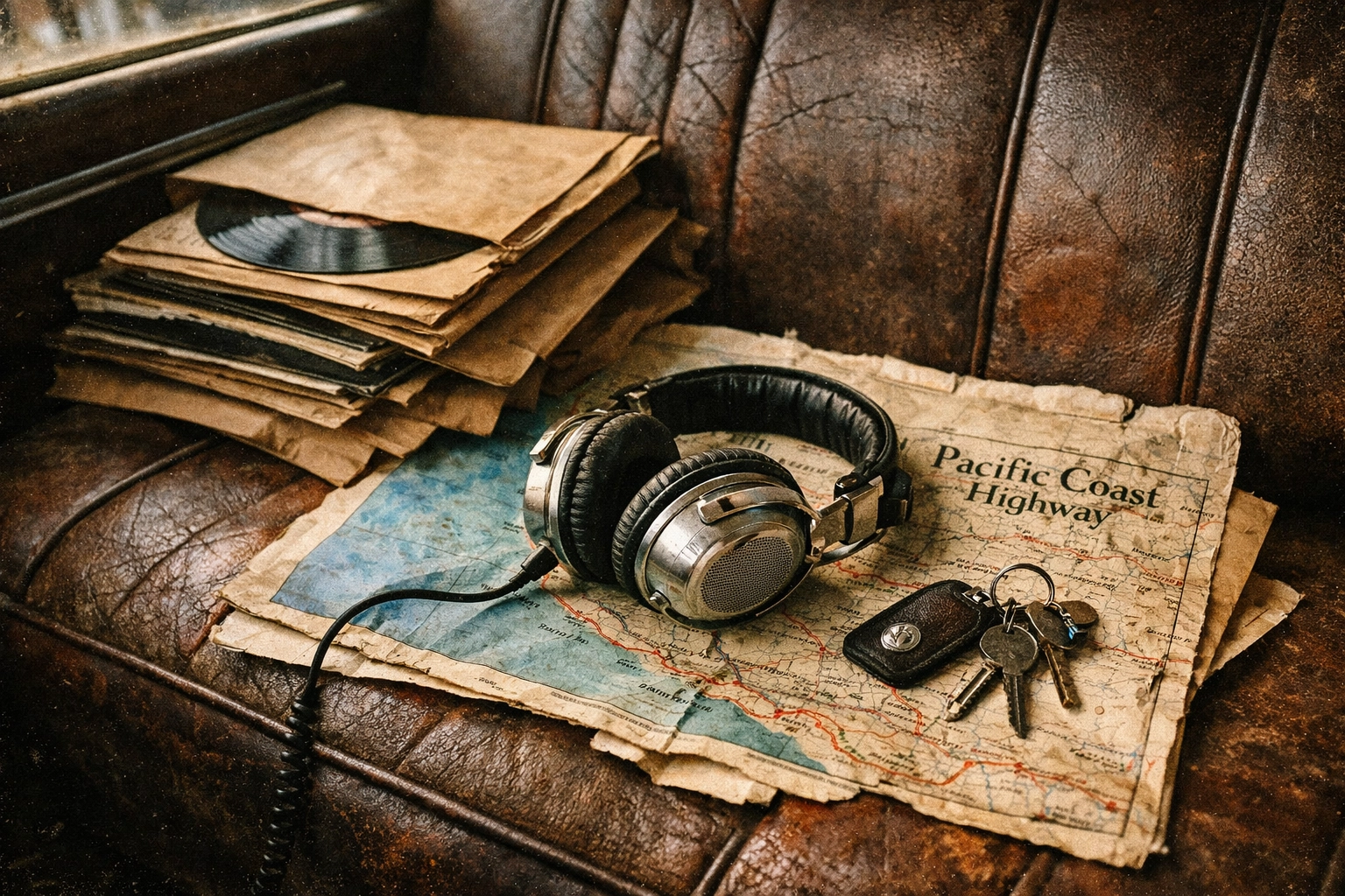 Vinyl records and a Pacific Coast Highway map on the backseat of a vintage car for a road trip.