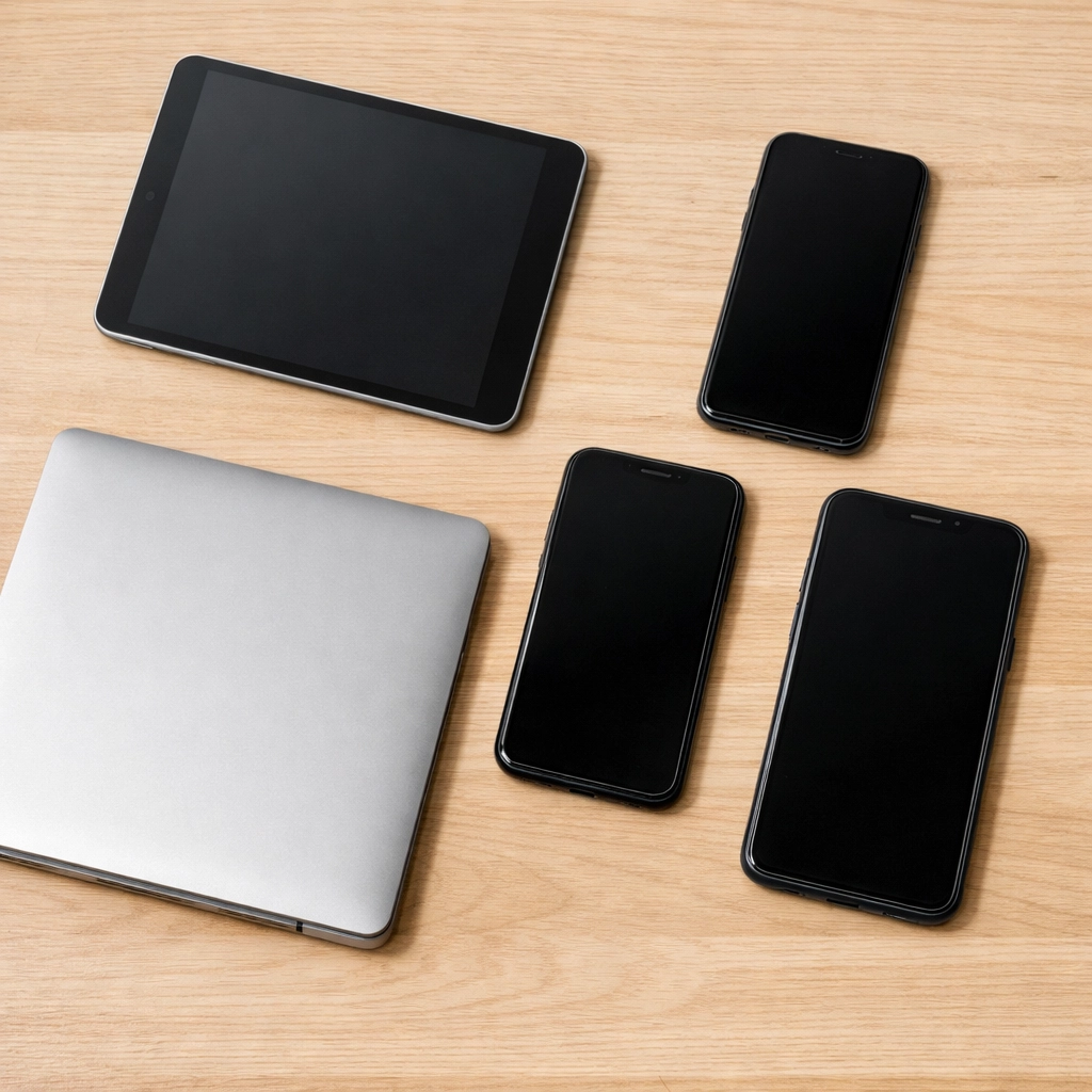 Smartphones and a laptop prepared for free e-waste collection and identity protection.