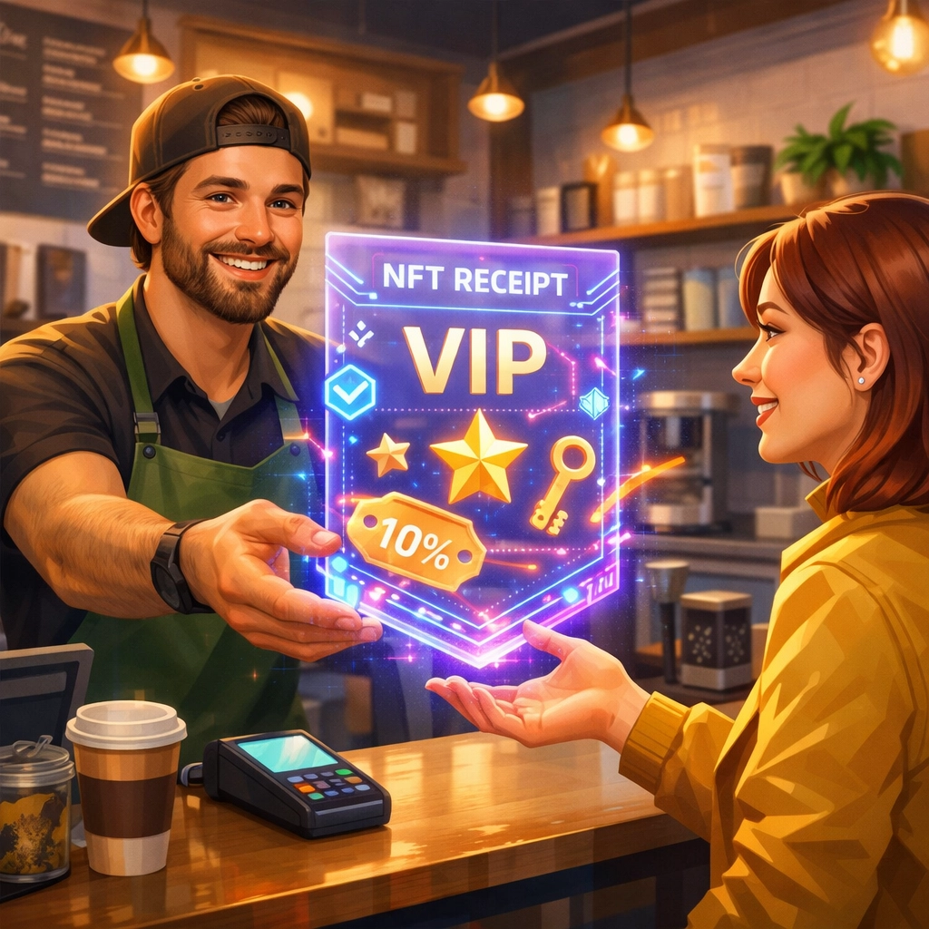 Customer receiving NFT receipt at checkout that unlocks loyalty rewards and exclusive benefits