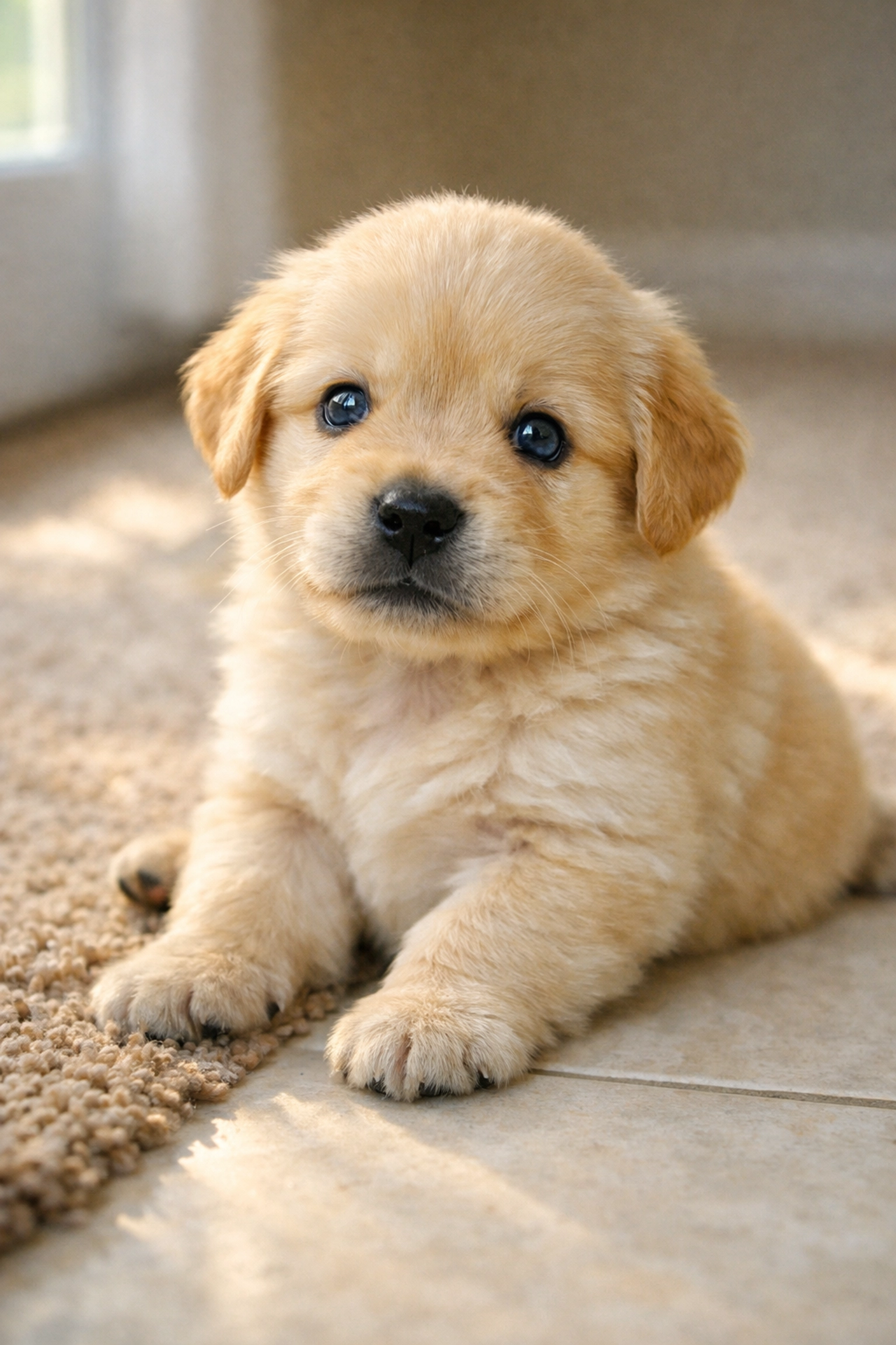 Three-week-old Golden Retriever puppy with newly opened eyes