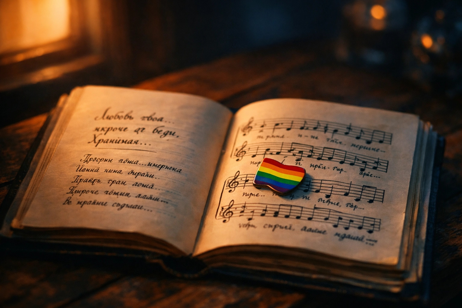 Molitva sheet music with pride pin representing sacred queer love and devotion