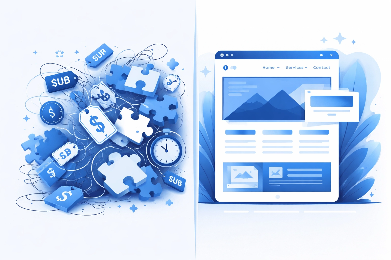 Split image comparing tangled price icons of DIY builders and a clean custom website, showing value difference