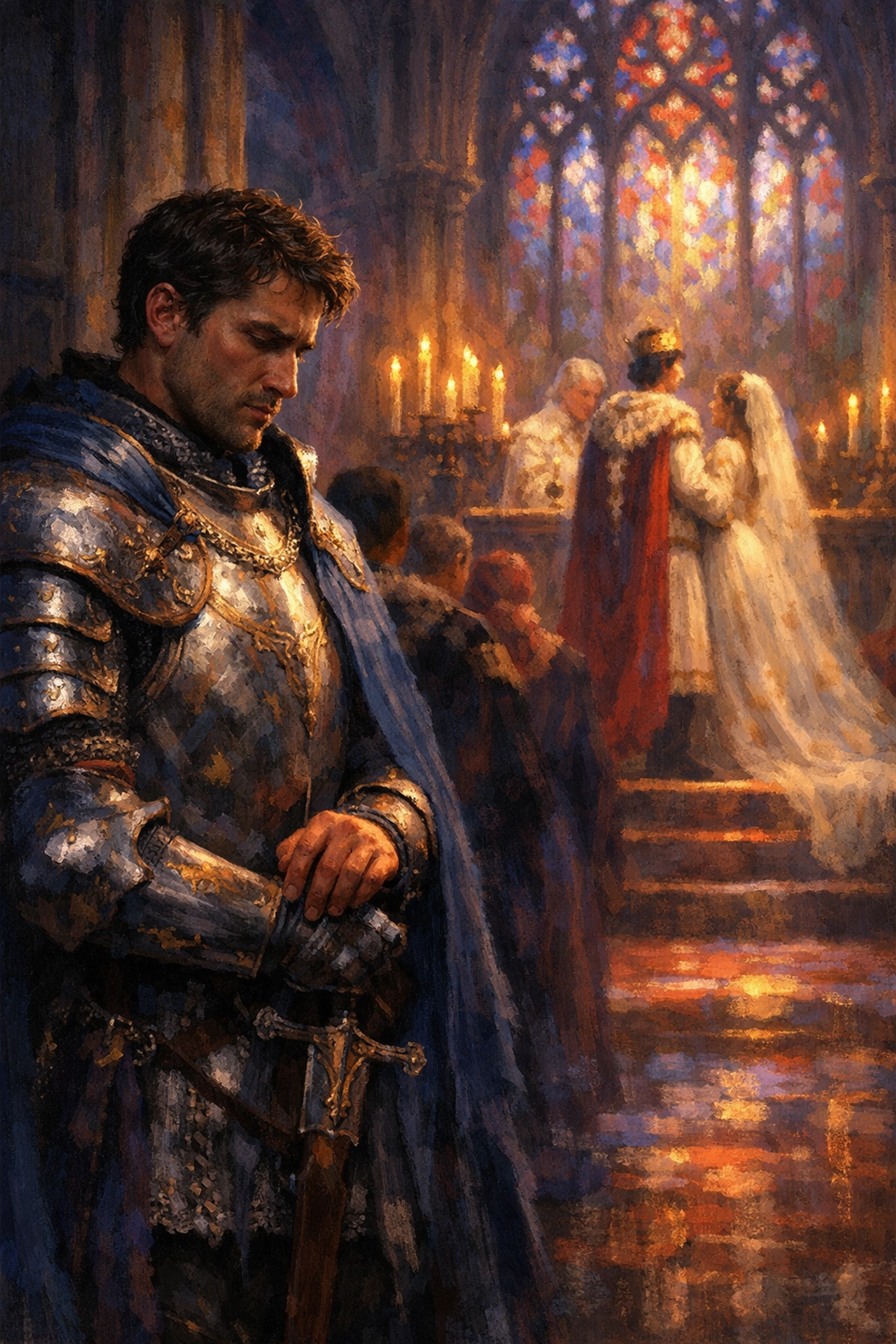 Knight standing guard as prince marries in cathedral - heartbreaking medieval MM romance wedding scene