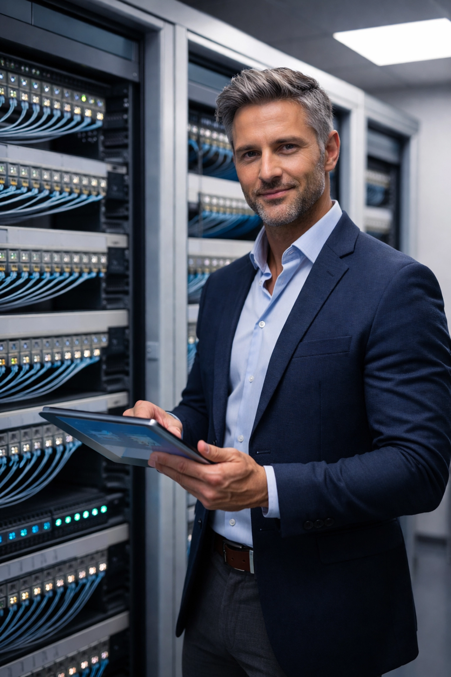 Property owner in server room reviewing fiber network analytics, emphasizing control of bulk internet infrastructure for MDUs