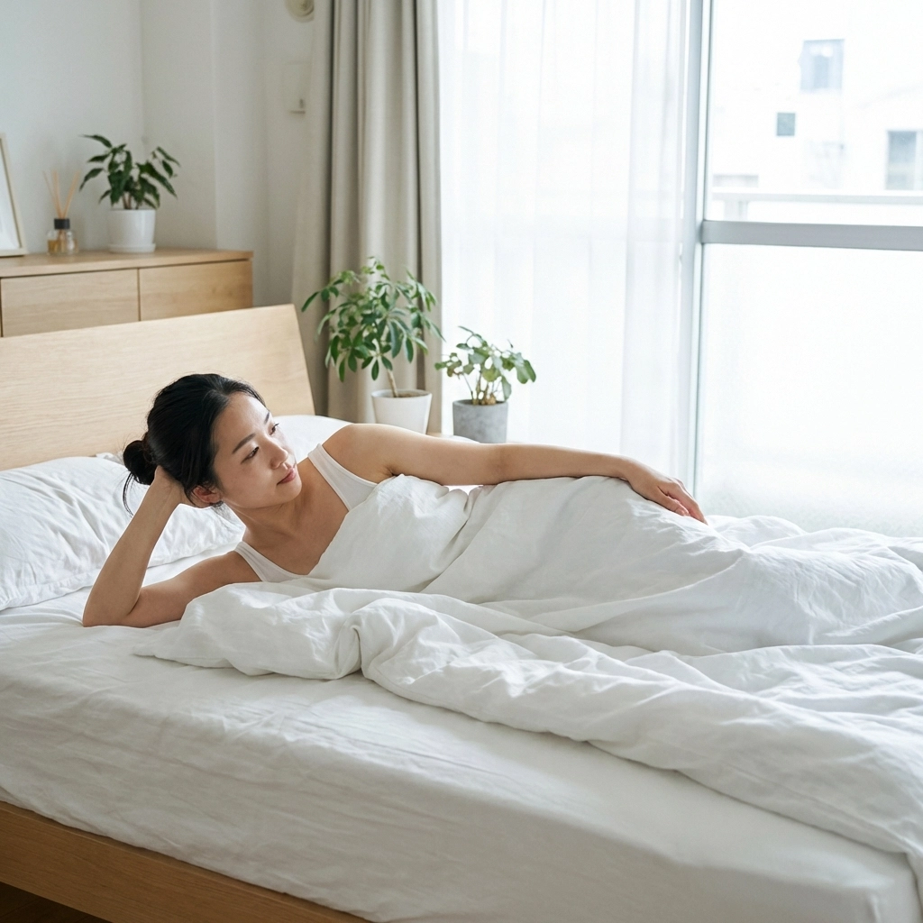 Erotic photography showing a model in a lying triangle pose on white linen for fine art nude tutorials.