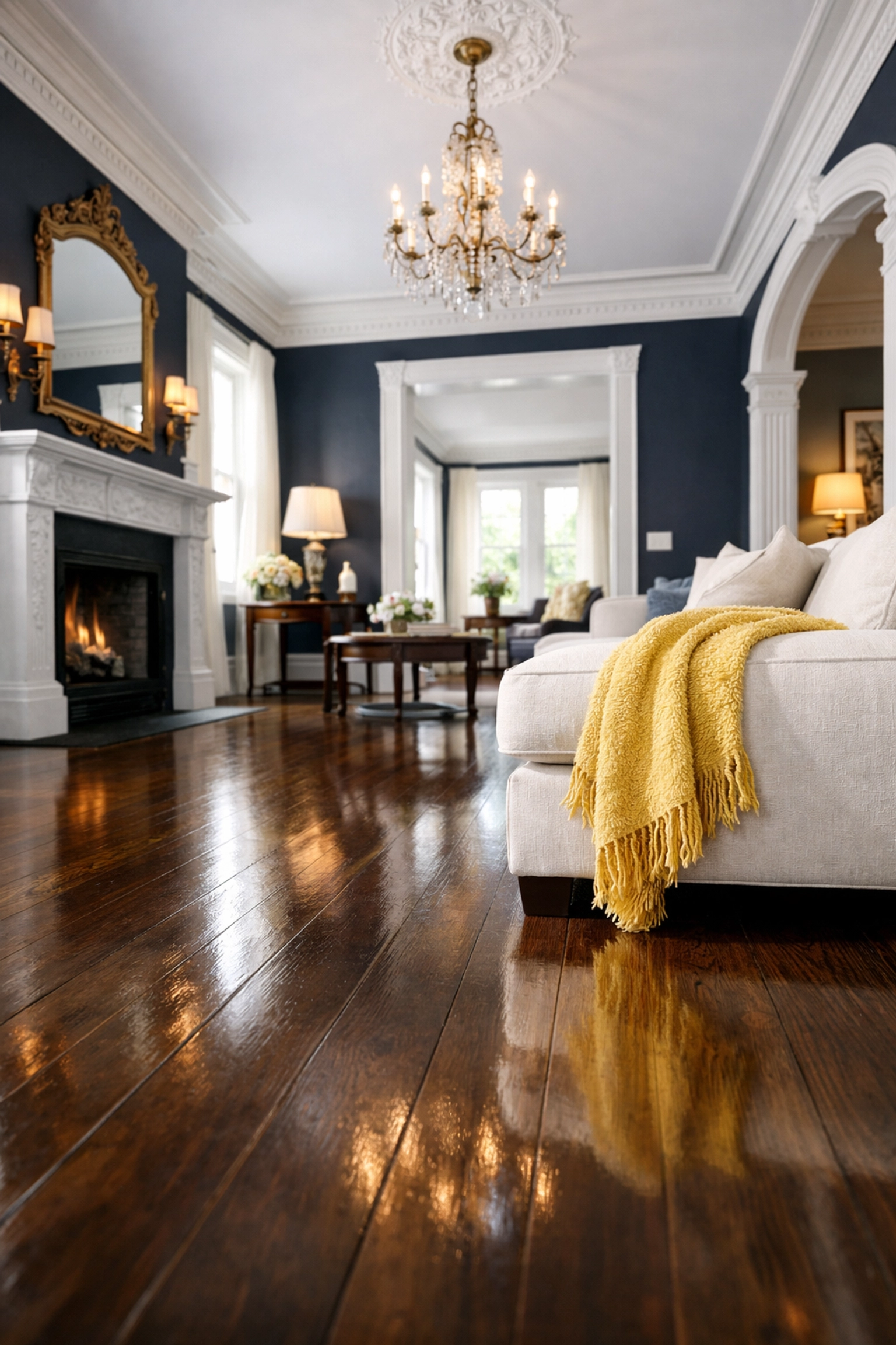Spotless Victorian living room in Orange MA after Weekly House Cleaning Orange MA with professional cleaning results on dark hardwood floors.