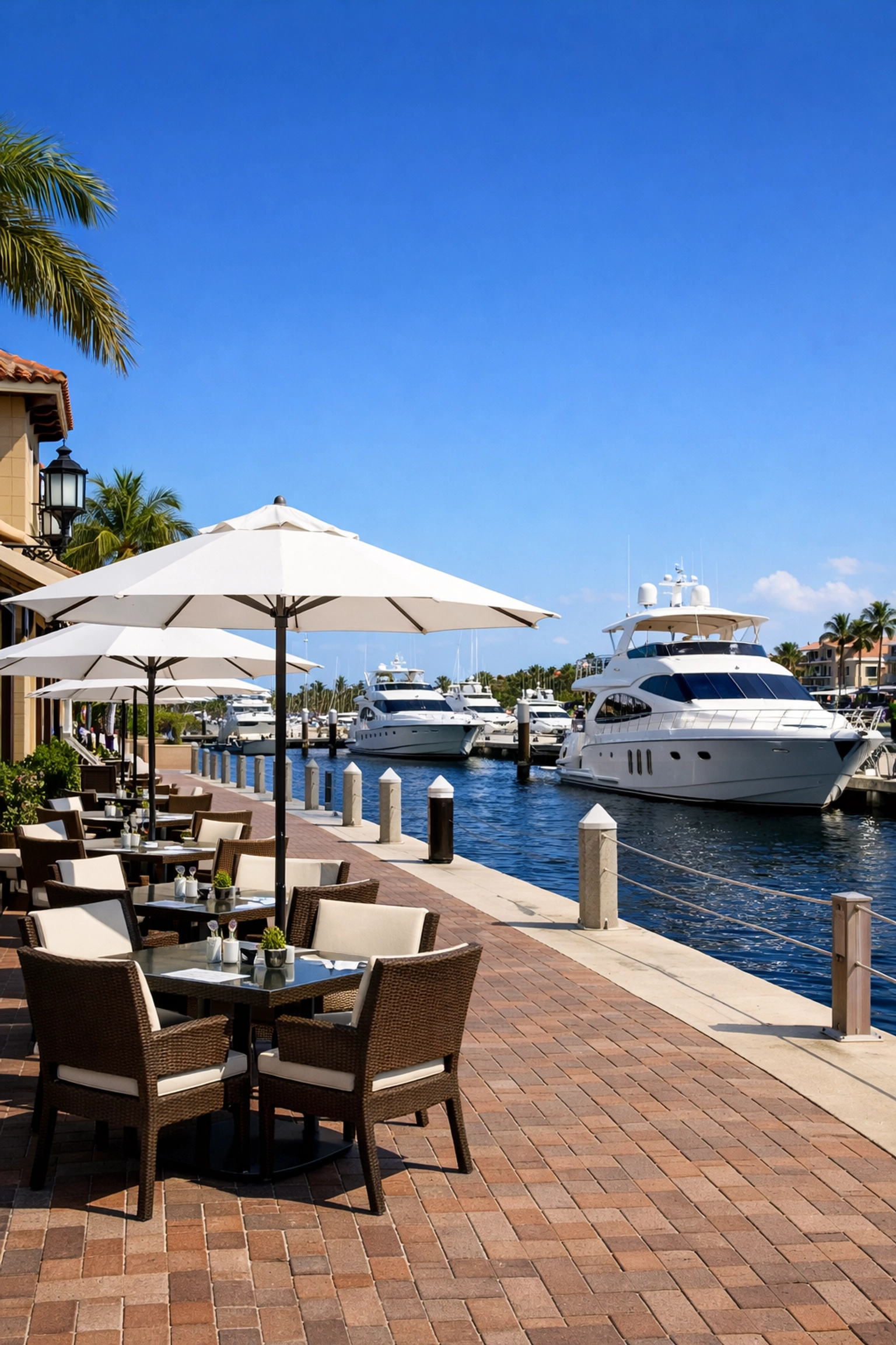 Upscale marina promenade and luxury yachts in a Southwest Cape Coral gated community.