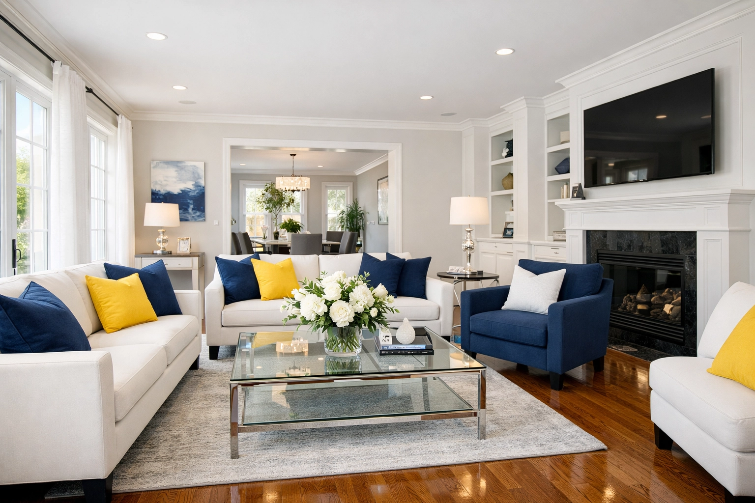 Spotless modern Westborough living room highlighting the results of consistent weekly house cleaning.