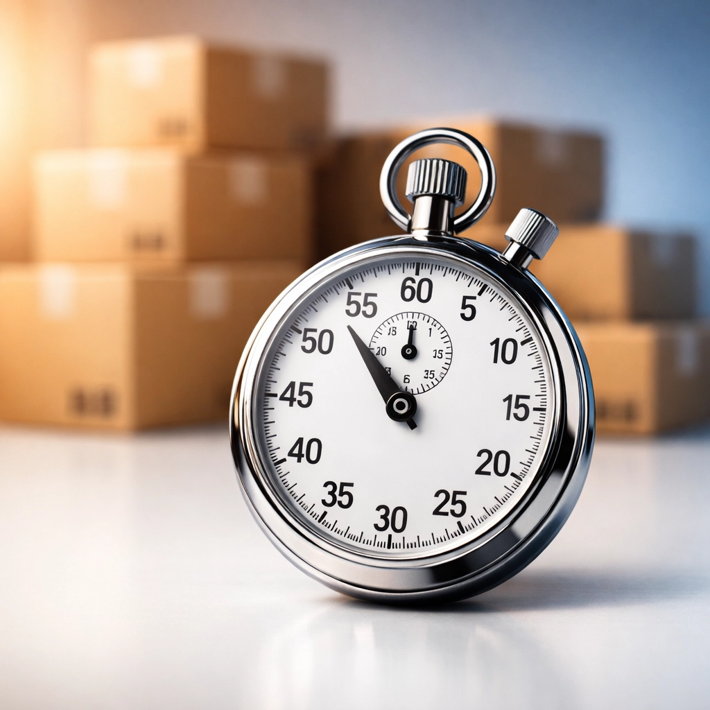 Stopwatch representing fast express delivery times alongside parcels in logistics operations