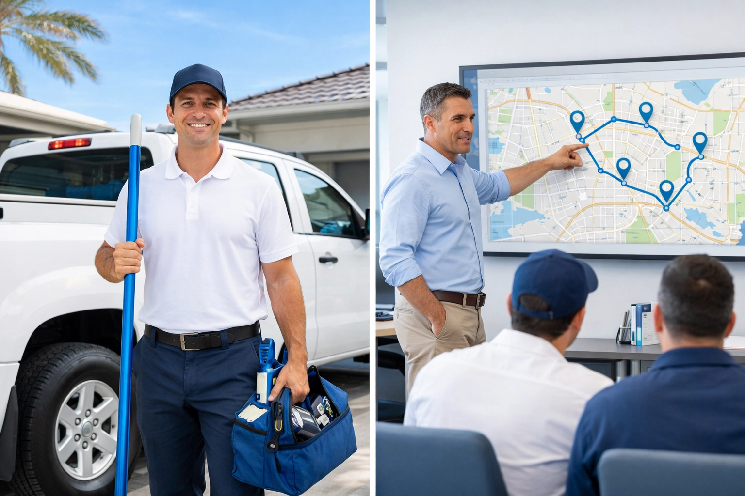 Comparison of a solo pool technician and an organized managed route office for business valuation.