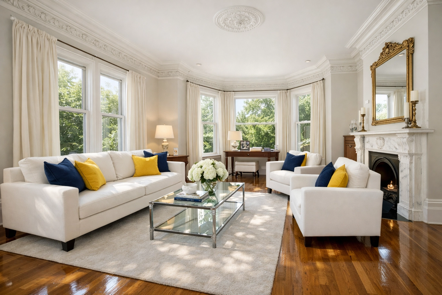 Spotless Victorian living room after professional move-out cleaning in Cambridge MA.