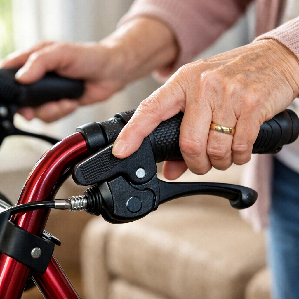 Close-up of hands engaging the loop-lock brakes on a rollator walker for a safe seated transition.