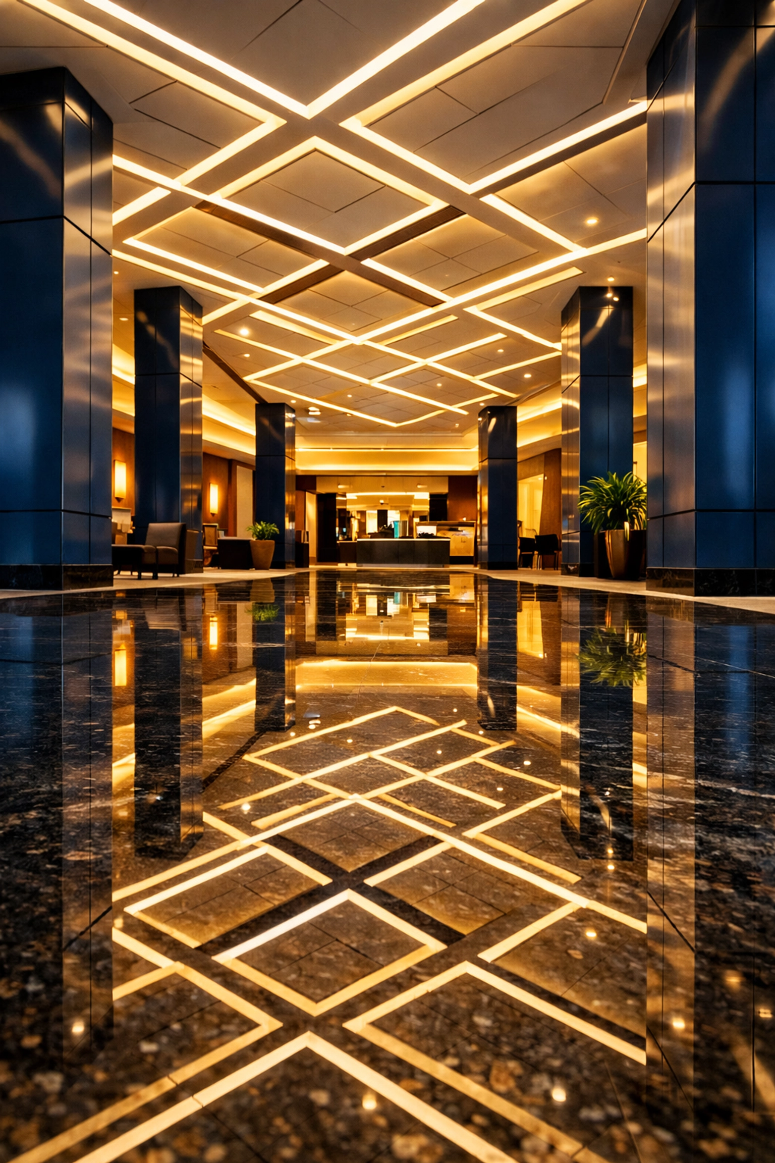 Shiny stone floors in a luxury Boston lobby highlighting professional janitorial services in Massachusetts.
