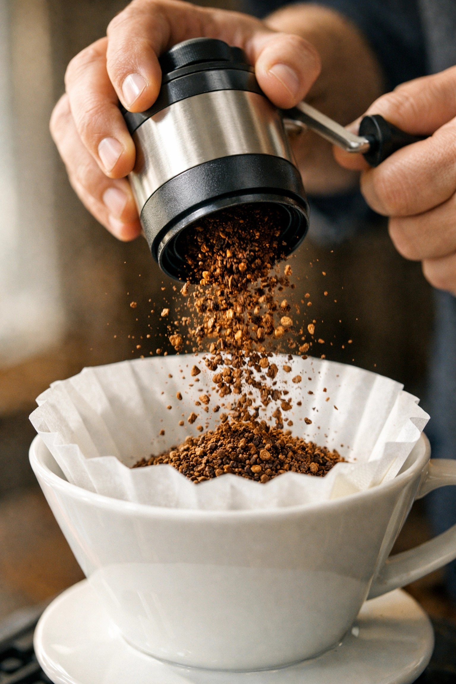 Burr grinder grinding fresh coffee beans into pour-over dripper for optimal extraction