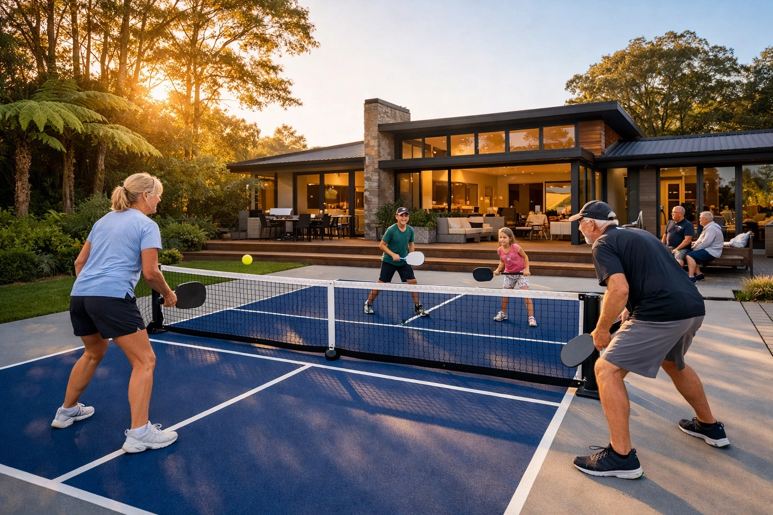 Modern New Zealand backyard featuring a professional-grade navy blue and grey pickleball court.