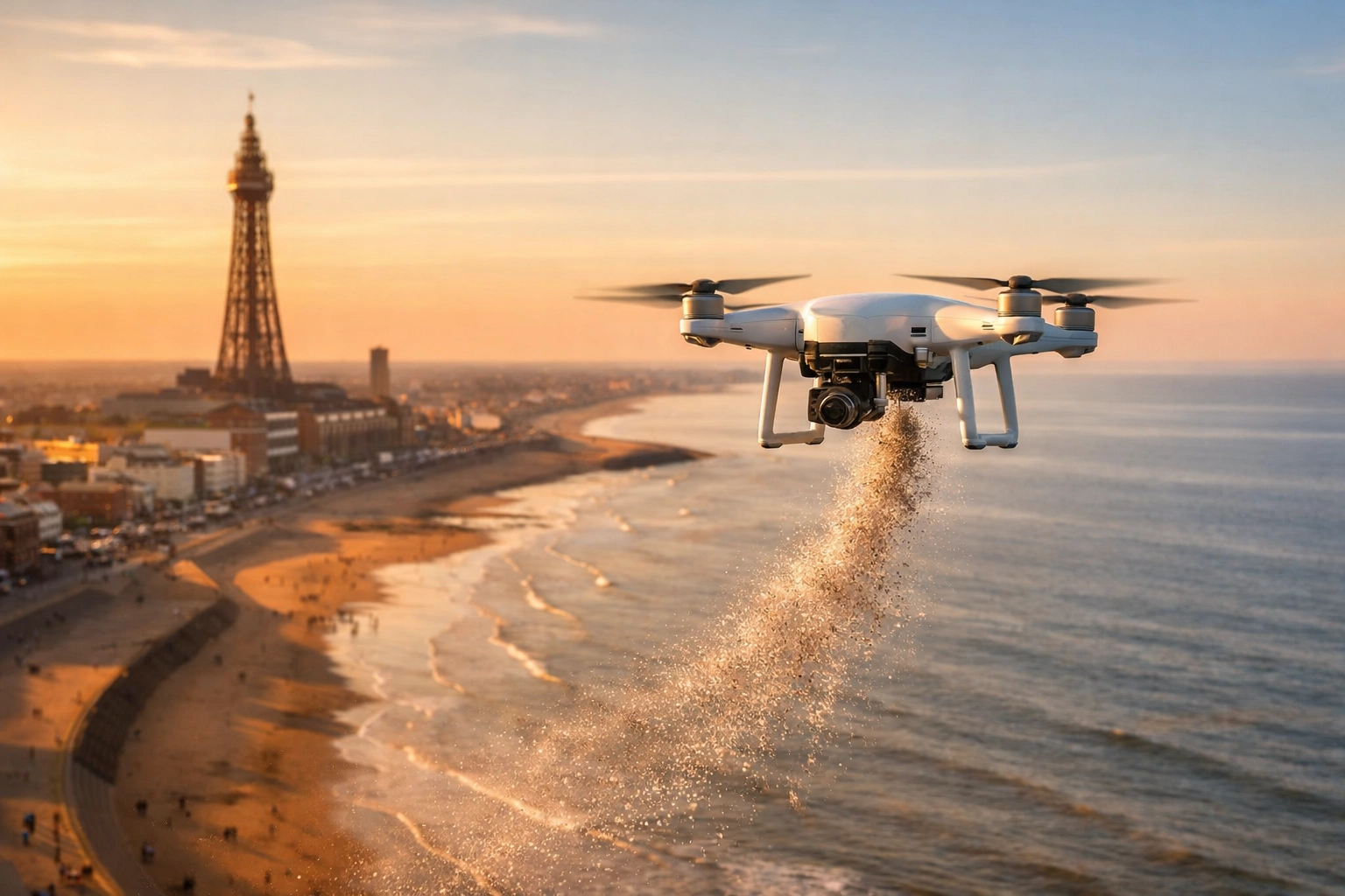 Drone scattering ashes over Blackpool Beach with Tower in background at sunset