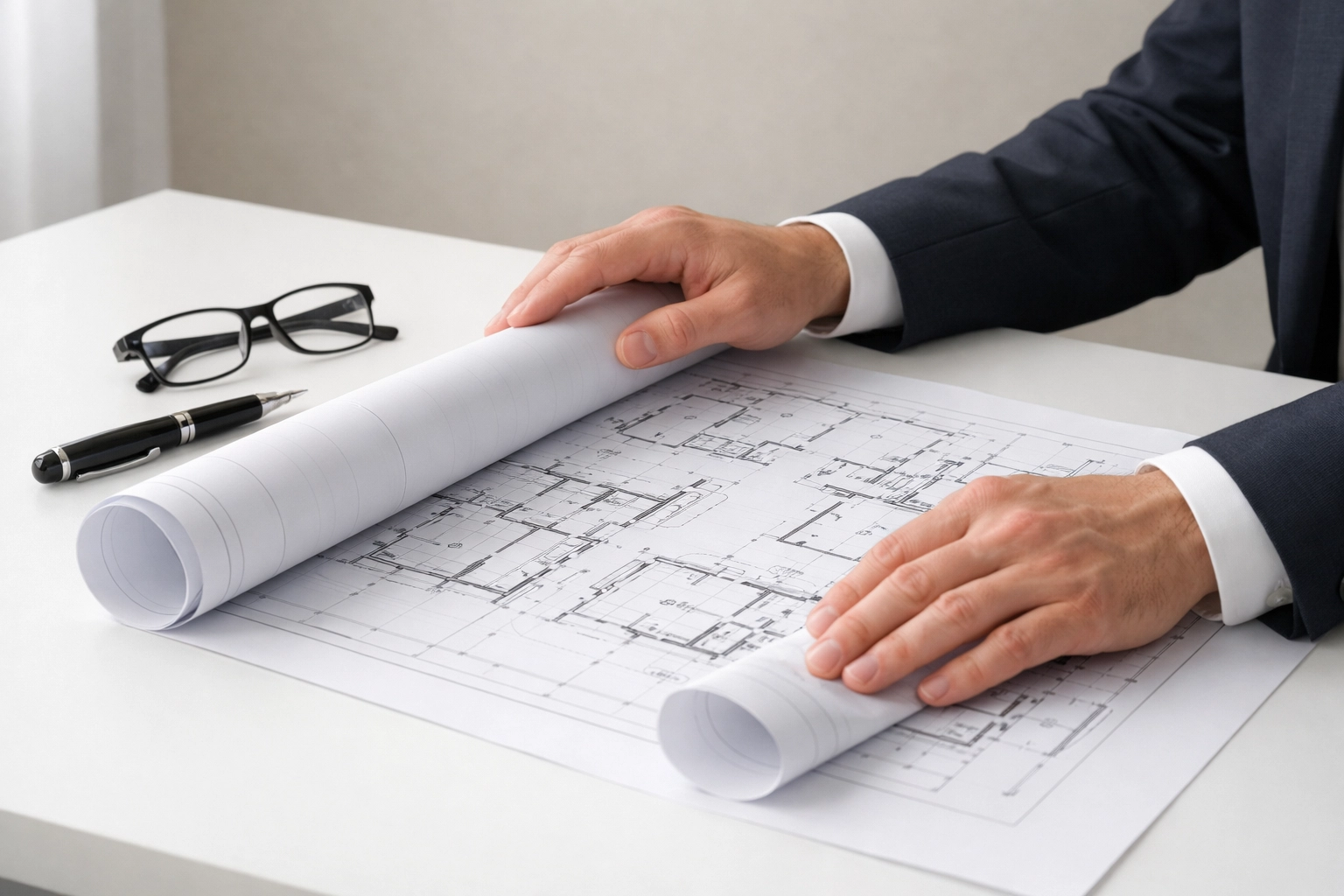 Developer reviewing architectural blueprints on a desk, illustrating deep-dive commercial title search due diligence.